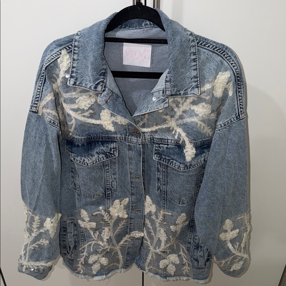 Women's Blue Denim Jacket with White Floral Embroidery